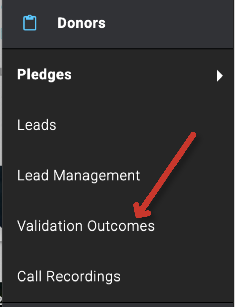 Donors menu with Validation Outcomes highlighted